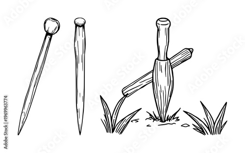 Garden tools set with black line art and simple silhouette design featuring wooden dibber, gardening, horticulture with agriculture and planting