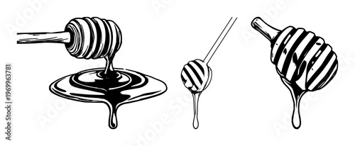 Honey dipper set with black line art illustration featuring wooden handle, dripping honey with sweet food and kitchen utensil