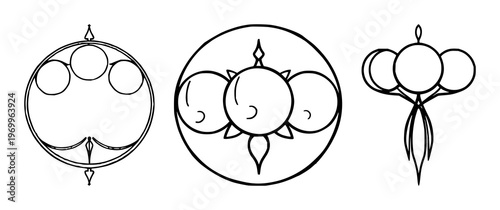 Triple Moon goddess symbol set with black line art design featuring crescent moons, full moon, spiritual with witchcraft and pagan elements