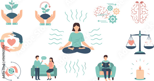 Mental Health and Mindfulness Icon Set Featuring Meditation, Therapy, Stress Relief, Emotional Balance, Self Care Activities, and Wellness Lifestyle Illustrations