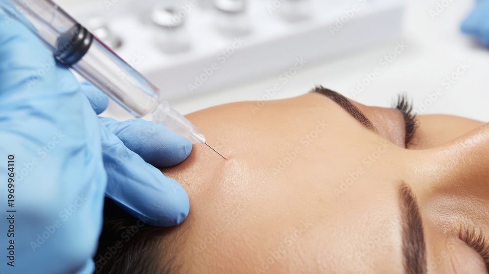 Naklejka premium Cosmetic botox injection procedure on a female forehead.