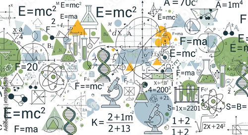 Science and Math Formulas, DNA, Microscope, Flasks: Abstract Education and Research Background