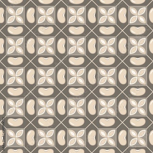 Seamless pattern of white kidney beans on geometric grid. Minimalist vector icons, flat simple design. Perfect for organic packaging, vegan labels, textile prints, wellness branding