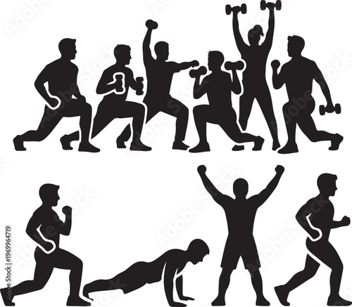Silhouettes of men performing various exercise routines and celebrating fitness achievements