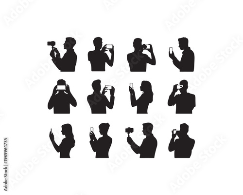 Collection of diverse human silhouettes capturing moments with smartphones and cameras on a white background
