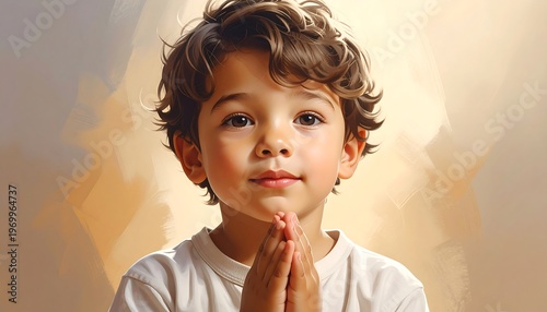 Child portrait brown-haired boy with hands together in prayer, soft, blurred background
