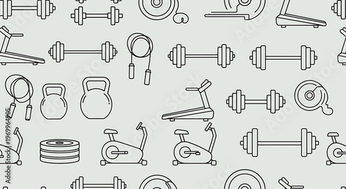 Seamless Pattern of Fitness Equipment Icons: Treadmills, Dumbbells, Kettlebells, Exercise Bikes