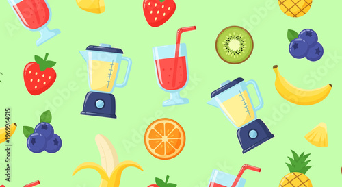 Seamless Pattern of Fresh Fruits, Smoothies, and Blenders on Green Background
