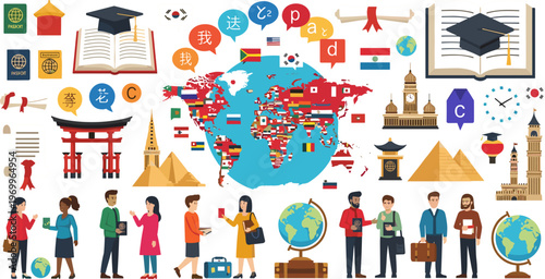 Global Education and International Study Vector Illustration Featuring World Map, Cultural Landmarks, Multilingual Communication, Students, and Travel Learning Concepts