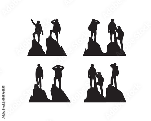 Silhouettes of hikers and climbers standing on mountain peaks in various poses of achievement and observation against