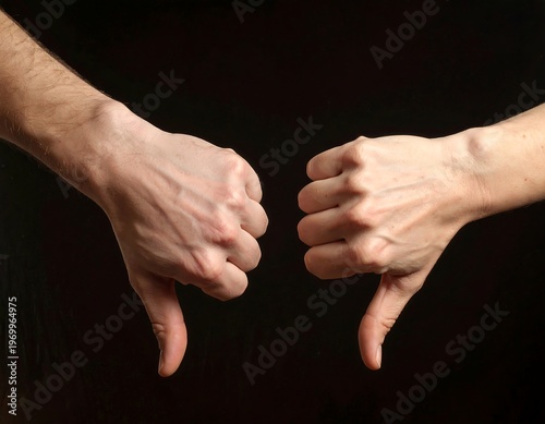 Two human hands gesturing thumbs down against a dark background