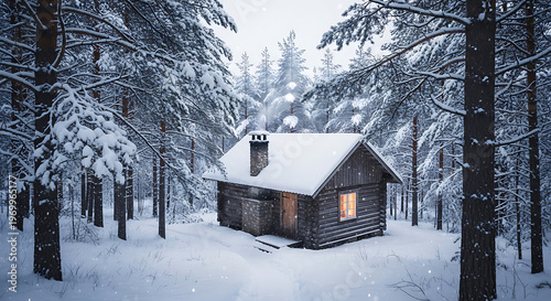 A serene winter scene depicts a small snow covered cabin nestled among tall dark evergreen trees