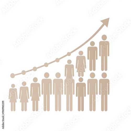 Upward growth chart. Figures representing people show progress, ascending trend, and a line indicating growth