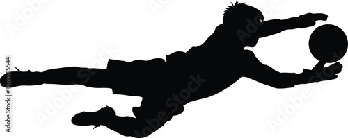 Silhouette of a male soccer goalkeeper diving to catch a ball isolated on transparent background