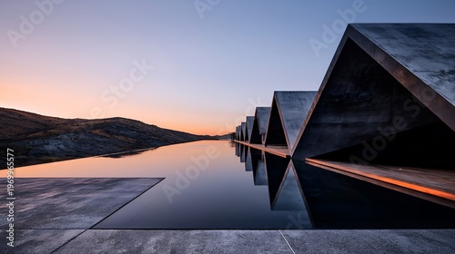 Modern concrete triangular buildings reflected in pool with no people