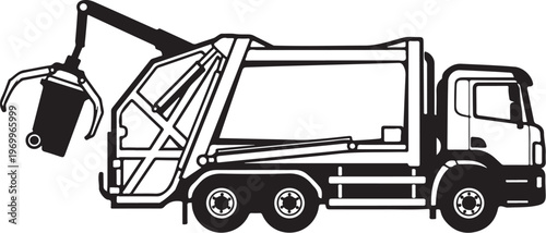 Garbage truck, waste management vehicle, recycling truck, sanitation truck, black and white vector