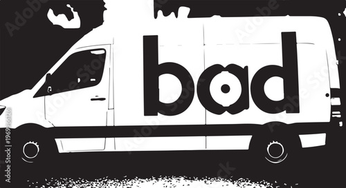 Black and white delivery van, bad graffiti, urban vehicle, monochrome illustration