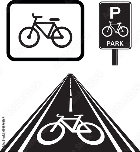 Bicycle lane sign, parking sign, and road perspective illustration