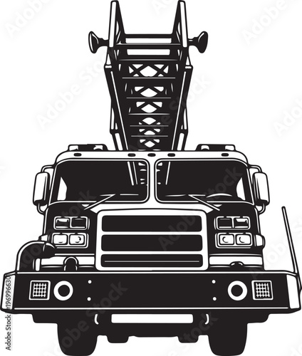 Fire truck, fire engine, emergency vehicle, black and white, vector illustration