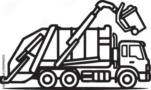 Garbage truck, waste management vehicle, trash collector, sanitation truck, black and white icon