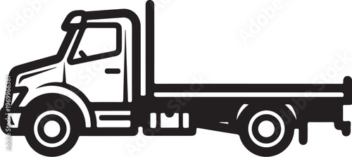 Flatbed truck, tow truck, vehicle icon, black and white illustration, transportation symbol
