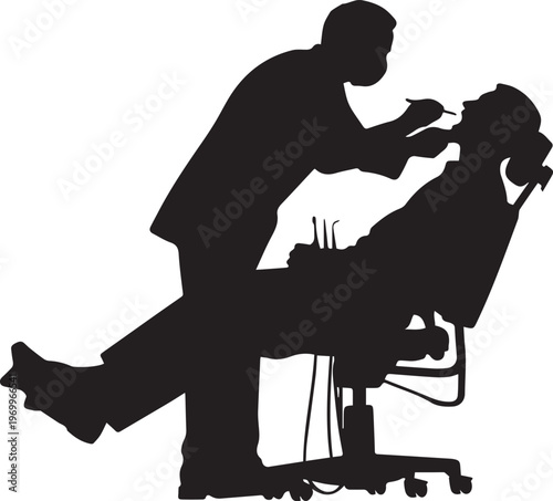 Silhouette of a dentist examining a patient in a dental chair