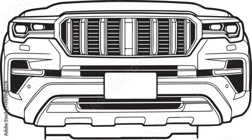 Front view of a modern SUV, car grill and bumper illustration, vehicle design element, automotive outline