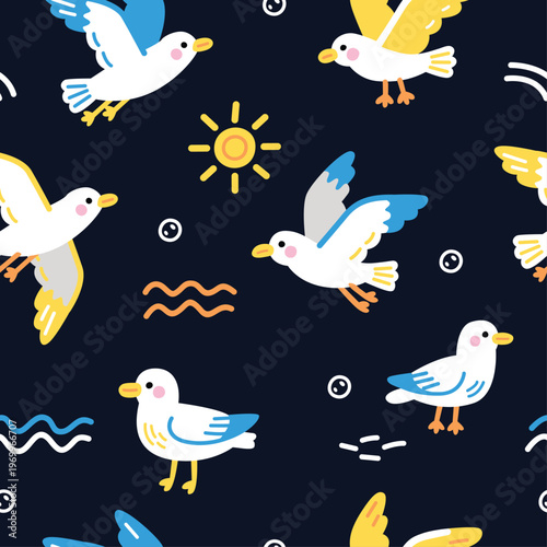 Cute Cartoon Seagulls Seamless Pattern