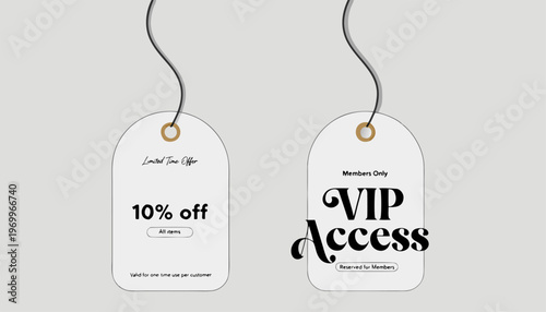 Minimalist white hanging price tags with 10 percent discount and VIP access text for retail promotion.eps