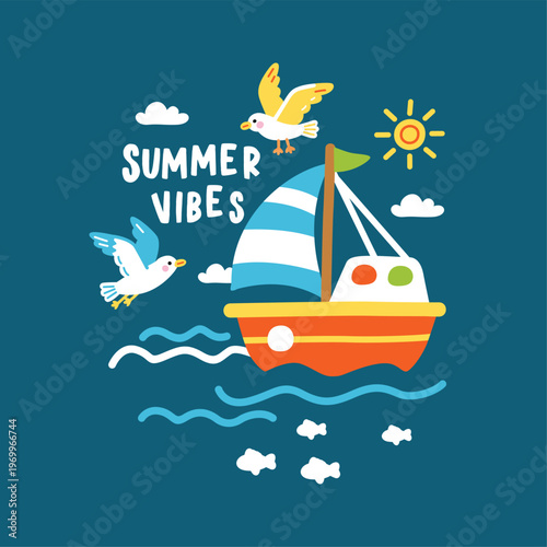 Summer Vibes Illustration with Sailboat, Seagulls, and Sun
