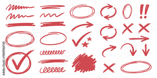 Set of hand drawn red marker highlighter elements including arrows circles check marks and scribble textures vector illustration