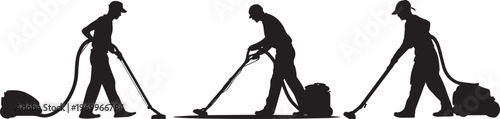 Silhouettes of three cleaners using vacuum cleaners in action
