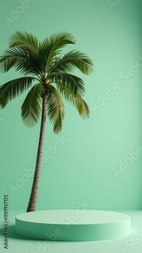 A palm tree stands on a circular platform, surrounded by a lush green wall
