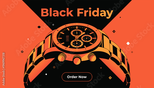 Luxury Black Friday Sale Banner with Elegant Gold and Black Men's Chronograph Watch Vector Illustration.eps