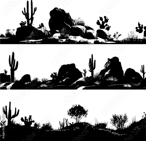 Various desert plants and rock formations are silhouetted against a white background.