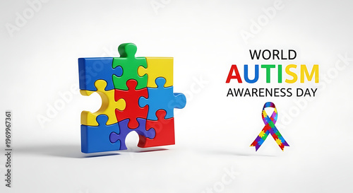 A colorful puzzle piece arrangement with a ribbon promotes world autism awareness day recognition high quality