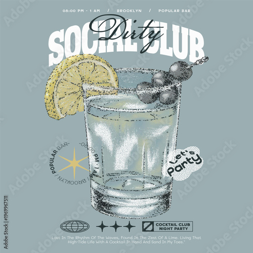 Vintage Dirty Social Club Gin Tonic Illustration in Stipple Art Style; Retro Brooklyn Bar Poster with Lemon Slice and Olives, Dotted Texture Graphic for T-shirt Print on Light Blue Background