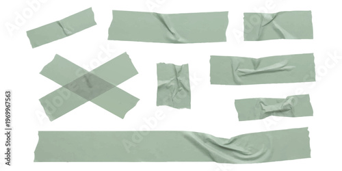 Set of green adhesive masking tape strips and pieces isolated on white background vector illustration design element