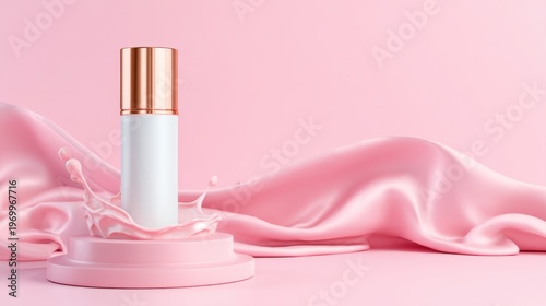 Beauty product stage, rose gold cylinder podium standing in a pool of pink liquid (water or milk), soft ripples, elegant silk fabric in background
