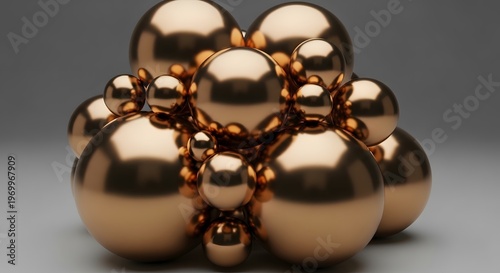 Abstract Cluster of Polished Bronze Spheres Forming a Complex Metallic Structure