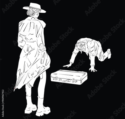 White Line Art Mystery Sketch on Black Background Noir Investigation and Suspense Concept Vector