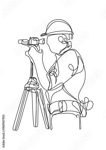Surveyor using tripod instrument line art illustration, continuous line art.