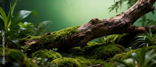Moss-covered log in lush green forest ecosystem