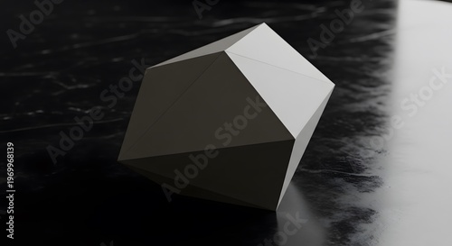 Minimalist Grey Geometric Polyhedron Resting on Dark Reflective Surface