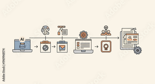 AI workflow automation process with gears, computers, and documents