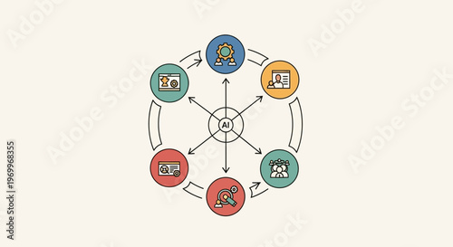 Artificial intelligence workflow process diagram with interconnected icons