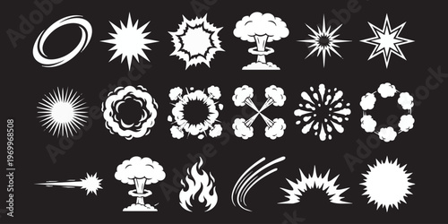 Comic book explosion and action effect symbols set isolated on black background vector illustration