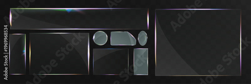 Transparent glass panels and glossy frames set with reflections isolated on dark background
