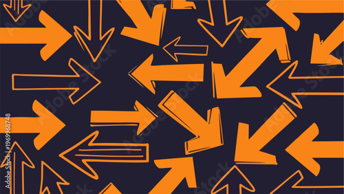 Abstract Background of Orange Hand Drawn Arrows Pointing in Different Directions