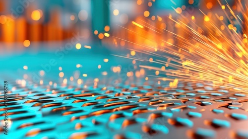 Heavy industry background, empty diamond plate metal podium, sparks flying in blurred background, factory setting, orange and teal cinematic lighting